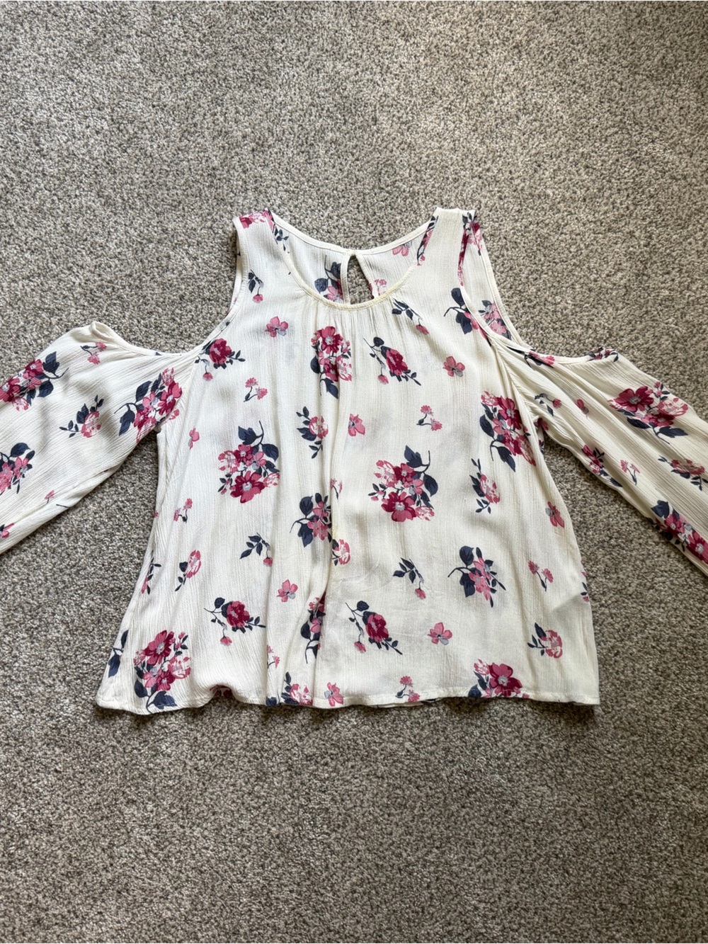 White Floral Cold-Shoulder Blouse with Pink & Navy Flowers